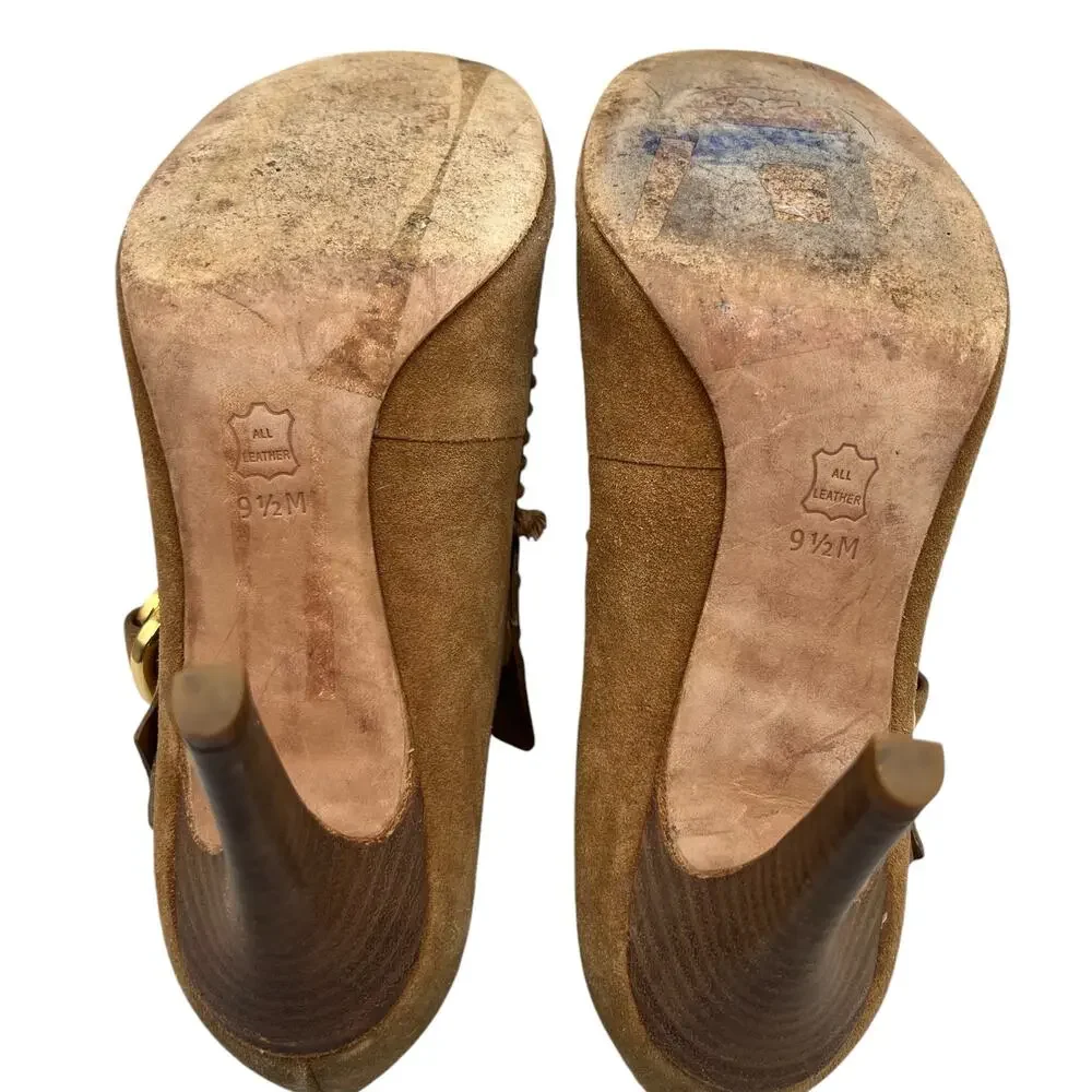 Tory Burch Womens Belen 9.5 Suede Stiletto Ankle Boots Booties Tan Camel Buckles